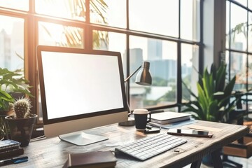 Fototapeta premium Minimalist Tech Workspace with Desktop Computer, Blank Display, Keyboard, and Mobile Phone on Wooden Desk – Setup for Creative Professionals and Digital Creators