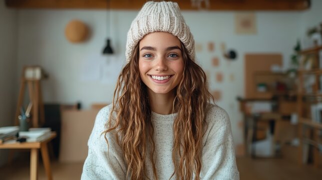 A joyful woman with long wavy hair wearing a knitted hat, sitting comfortably in a bright, cozy room filled with artistic decor and warmth, radiating happiness.