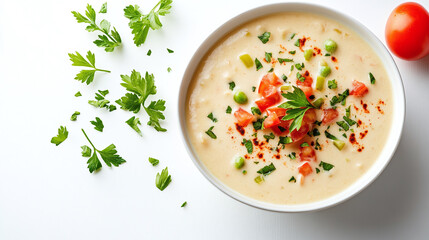 Bowl with queso dip with melted cheese, diced tomatoes, green chilies, and spices, served warm with tortilla chips, isolated on a white background.