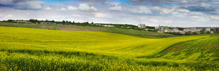 panoramic view of the yellow hills of the rapeseed field , new buildings on the edge of the city at horizon
