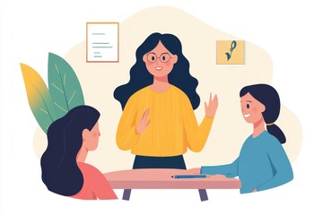 Young woman presenting her idea to colleagues isolate on white background