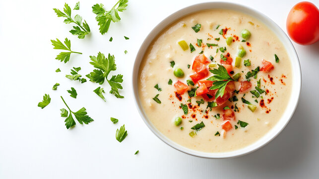 Bowl with queso dip with melted cheese, diced tomatoes, green chilies, and spices, served warm with tortilla chips, isolated on a white background.