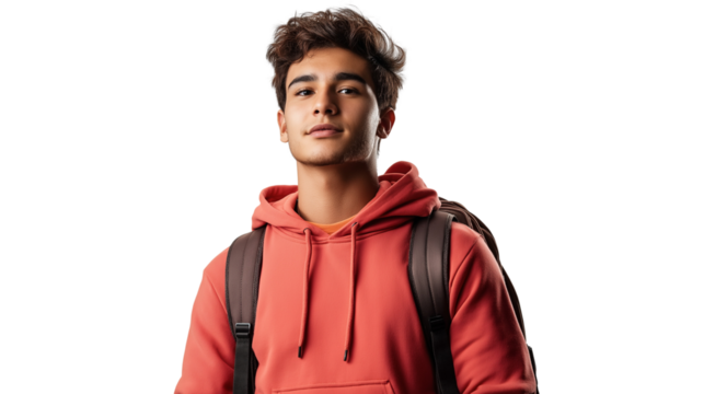 Portrait of a college student in a casual hoodie and backpack, bright and ambitious, looking confidently ahead, isolated PNG