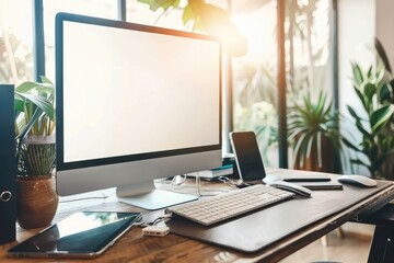 Fototapeta premium Designer Workspace with Minimal Computer Setup, Blank Screen, and Keyboard – A Stylish Desk for Modern Creators, Bloggers, and Tech Enthusiasts
