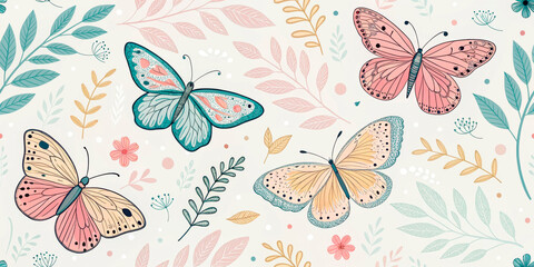 Seamless Pattern Featuring Elegant Butterflies In Pastel Colors With Delicate Floral Elements On A White Background. Ideal For Textile Design, Stationery, Gift Wrapping, And Feminine Branding...