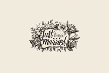 Decorative just married sign among floral illustrations for wedding celebrations