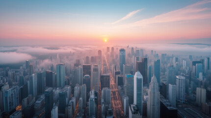 Fototapeta premium City skyline during sunrise with a soft haze over the urban landscape