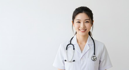 Fototapeta premium A beautiful happy female Doctor in medical uniform, full body, isolated on a white background, with copy space