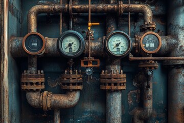 Rusty pipes and gauges reveal the passage of time in an abandoned industrial space