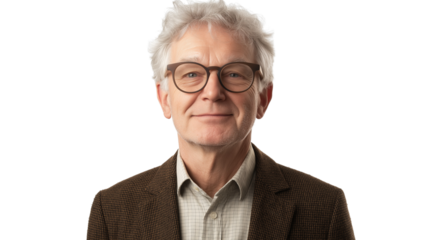 Distinguished male professor with glasses, neatly styled gray hair, wearing a tweed blazer, intellectual expression, isolated PNG