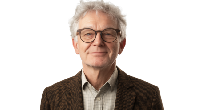 Distinguished male professor with glasses, neatly styled gray hair, wearing a tweed blazer, intellectual expression, isolated PNG