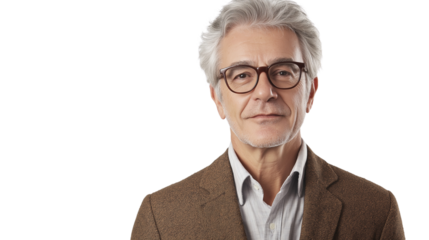 Distinguished male professor with glasses, neatly styled gray hair, wearing a tweed blazer, intellectual expression, isolated PNG