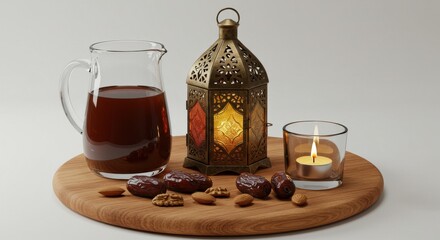 A wooden board includes a clear glass jug filled with liquid drink some dates a Ornate Lantern Candle and some dates on white background for Ramadan Kareem tea with dates time of Iftar Muslims