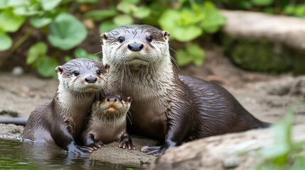 Obraz premium Family of Otters Relaxing by the Water in Natural Habitat