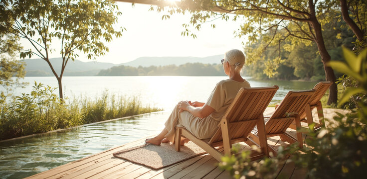 serene senior woman enjoys peaceful relaxation on a lakeside chaise lounge