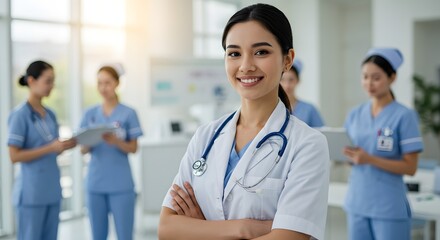Fototapeta premium A beautiful happy female doctor in medical uniform, in a hospital with other nurses, with a little bit of blurred background with side copy space, with background sunshine