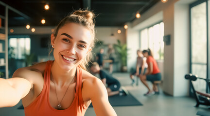 Fototapeta premium smiling woman taking a selfie at a fitness studio