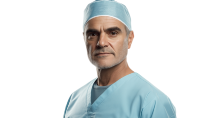 Experienced male surgeon in a light blue scrub uniform, wearing a protective cap, serious and focused look, isolated PNG