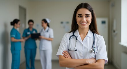 A beautiful happy female doctor in medical uniform, in a hospital with other nurses, with a little bit of blurred background with side copy space, with background sunshine