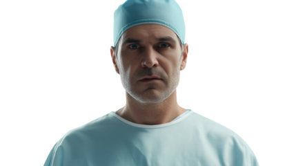 Experienced male surgeon in a light blue scrub uniform, wearing a protective cap, serious and focused look, isolated PNG