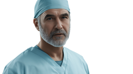 Experienced male surgeon in a light blue scrub uniform, wearing a protective cap, serious and focused look, isolated PNG