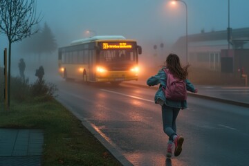 Girl with backpack running towards bus on a foggy morning, creating a sense of urgency and motion.