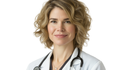 Portrait of a smiling female doctor, short wavy blonde hair, wearing a white lab coat with a stethoscope, looking directly at the camera, transparent background