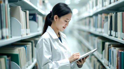 focused female researcher using a tablet in a library setting