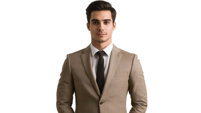 Young entrepreneur in a modern beige suit, exuding confidence, direct eye contact, subtle smile, isolated on transparent background