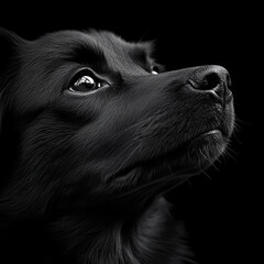 Black and white photography of a dog on a black background in backlight closeup. Horizontally.