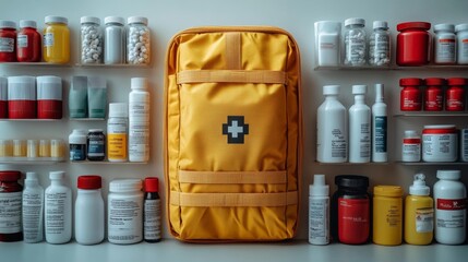 Well-Organized First Aid Kit with Various Medicines and Yellow Backpack. Generative AI