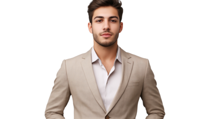 Young entrepreneur in a modern beige suit, exuding confidence, direct eye contact, subtle smile, isolated on transparent background