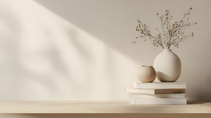 Still life featuring books, vases, and dried botanicals against a textured off-white background.