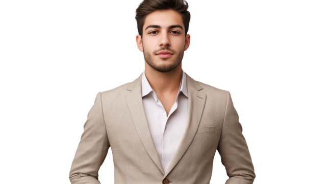 Young entrepreneur in a modern beige suit, exuding confidence, direct eye contact, subtle smile, isolated on transparent background - Powered by Adobe