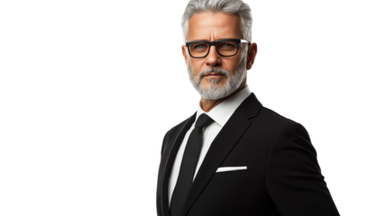 Senior executive with silver hair, sharp blue eyes, well-groomed beard, wearing a classic black suit and tie, poised and professional, isolated PNG