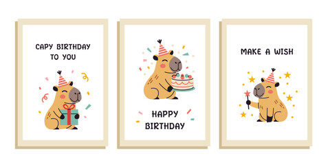 Vector capy birthday greeting card or party invitation set. Happy birthday postcards with cute capybaras in flat design. Collection of greeting cards illustration. Festive kawaii posters.