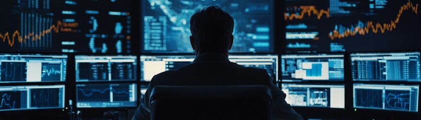 Data analysis expert monitors market trends in high-tech office space with multiple screens focused environment