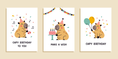 Vector happy birthday greeting card and party invitation set. Posters with cute capybaras in flat design. Festive postcards. Collection of greeting cards illustration.