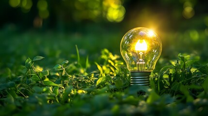 Glowing light bulb in a lush green environment symbolizing renewable energy