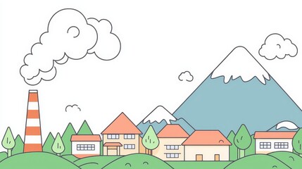 Industrial landscape featuring charming village and majestic mountains illustrative artwork serene environment whimsical viewpoint