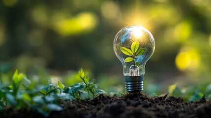 Eco concept of a growing plant inside a light bulb in nature