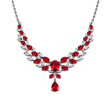 Silver necklace with red diamonds isolated on transparent background. Silver necklace with ruby, topaz, sapphir png. Jewelry and gemstones