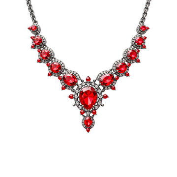 Silver necklace with red diamonds isolated on transparent background. Silver necklace with ruby, topaz, sapphir png. Jewelry and gemstones