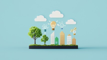 Urban innovation cityscape with nature and light bulbs modern environment creative viewpoint conceptual design