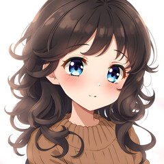Bella protagonista de anime con rizos oscuros y una expresión encantadora en sus ojos azules.