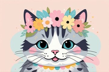 Minimalist fantasy whimsical domestic cute cartoon cat animal with pastel color background 
illustration texture design.
