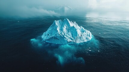 Majestic iceberg adrift in frigid ocean, mountains looming, aerial view