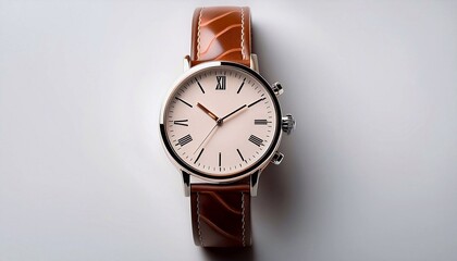 A classic wristwatch with a leather strap lying flat on a smooth white background