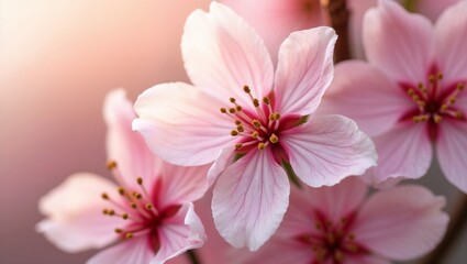 Fototapeta premium Macro shot of cherry blossom flowers, bathed in soft, beautiful light