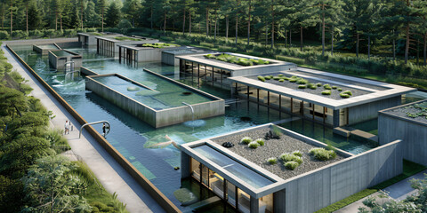 A conceptual image of an advanced biological water purification system, where organic waste is broken down through microbial digestion in a treatment facility.